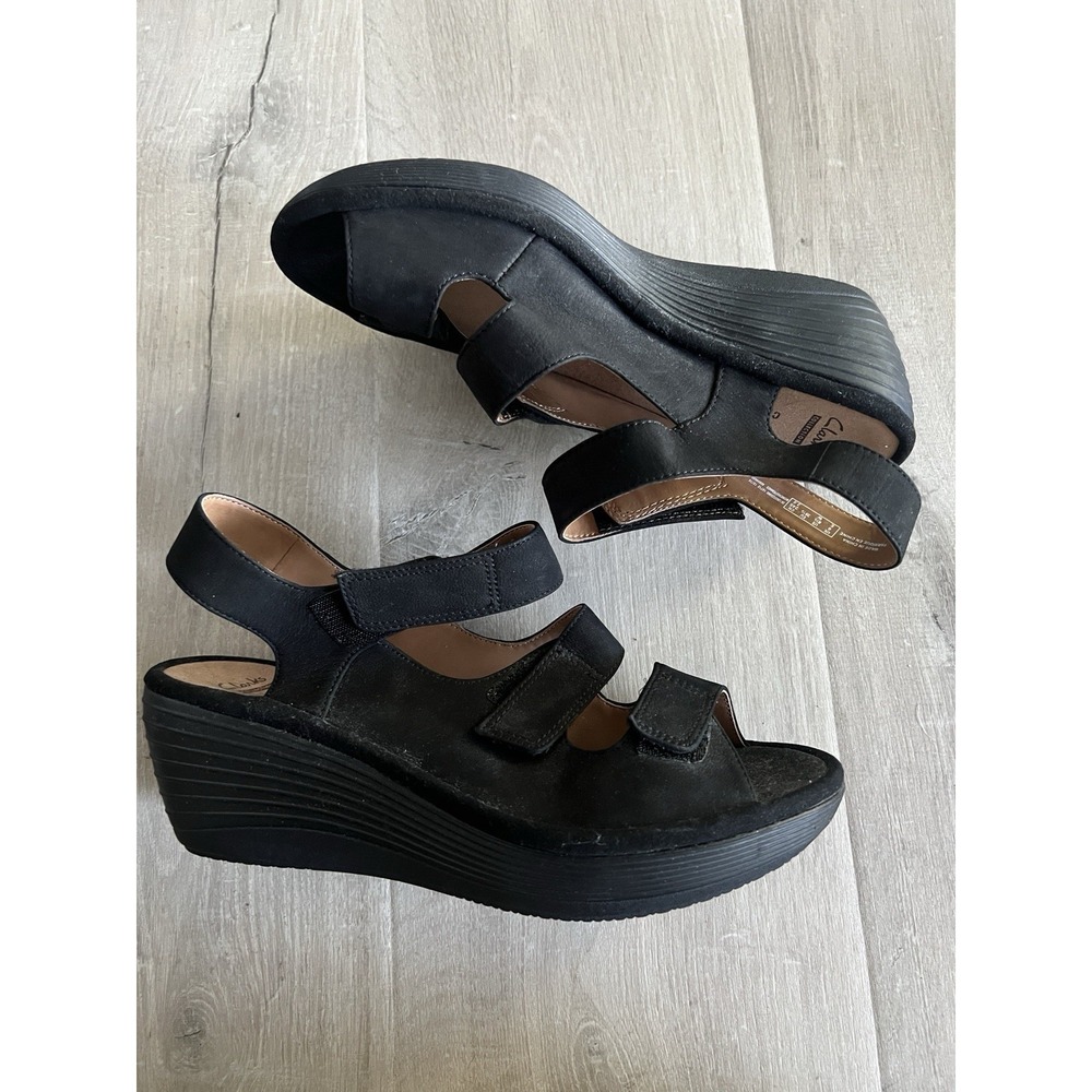 Clarks Reedly Juno Wedge Sandals Womens 8.5 W Black Soft Cushion Comfort